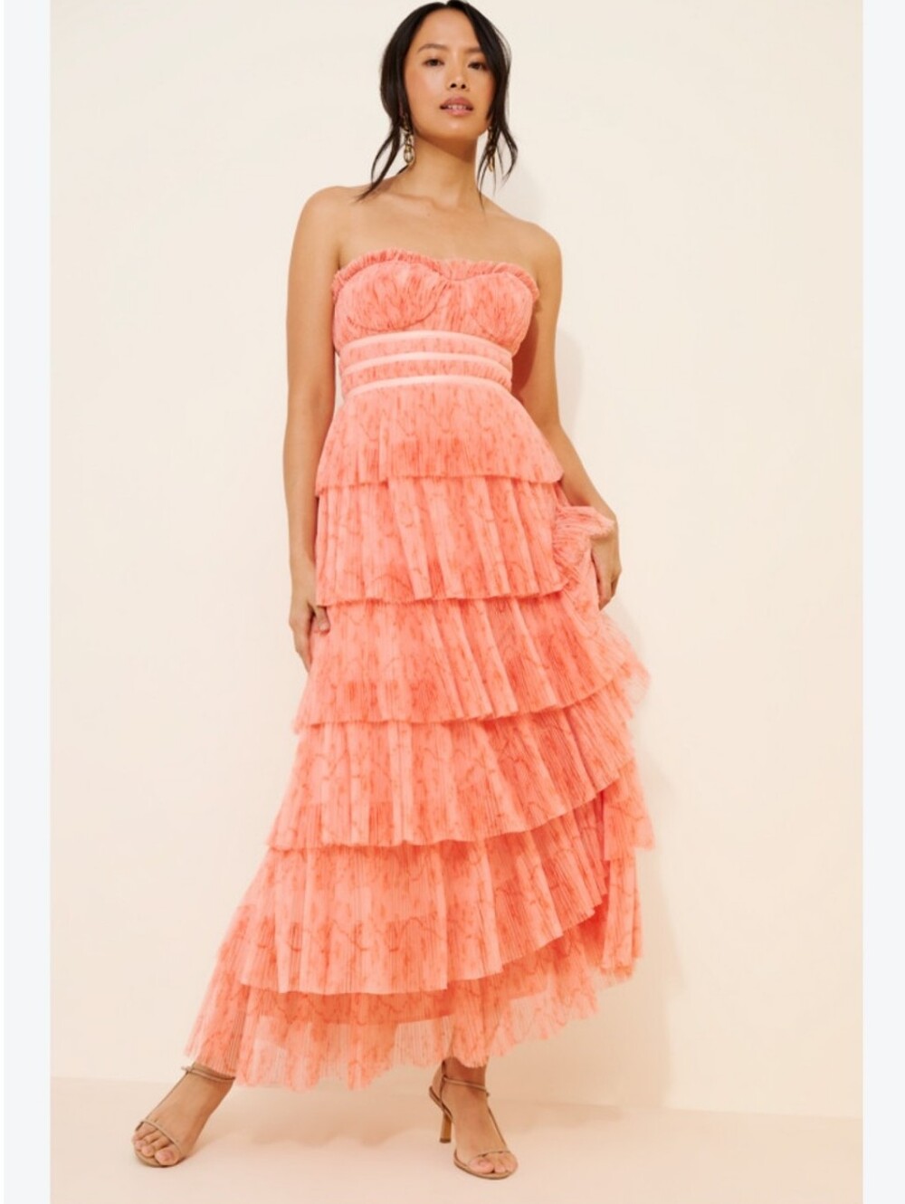 NWOT Hutch Monaco Strapless Ruffle Tiered Plisse Gown